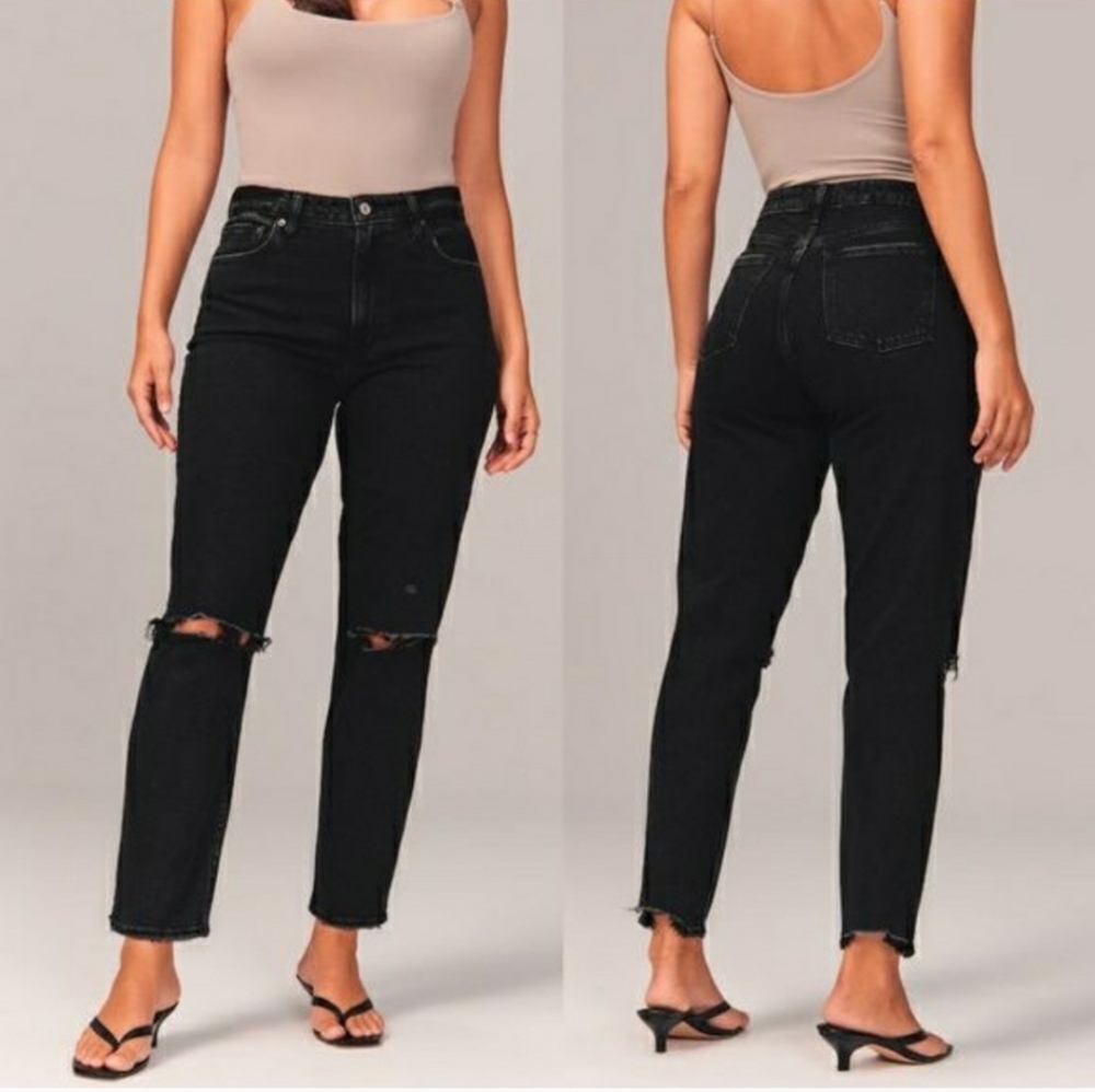 Abercrombie and Fitch Black The Mom High Rise Distressed Straight Leg Jean 27 4R